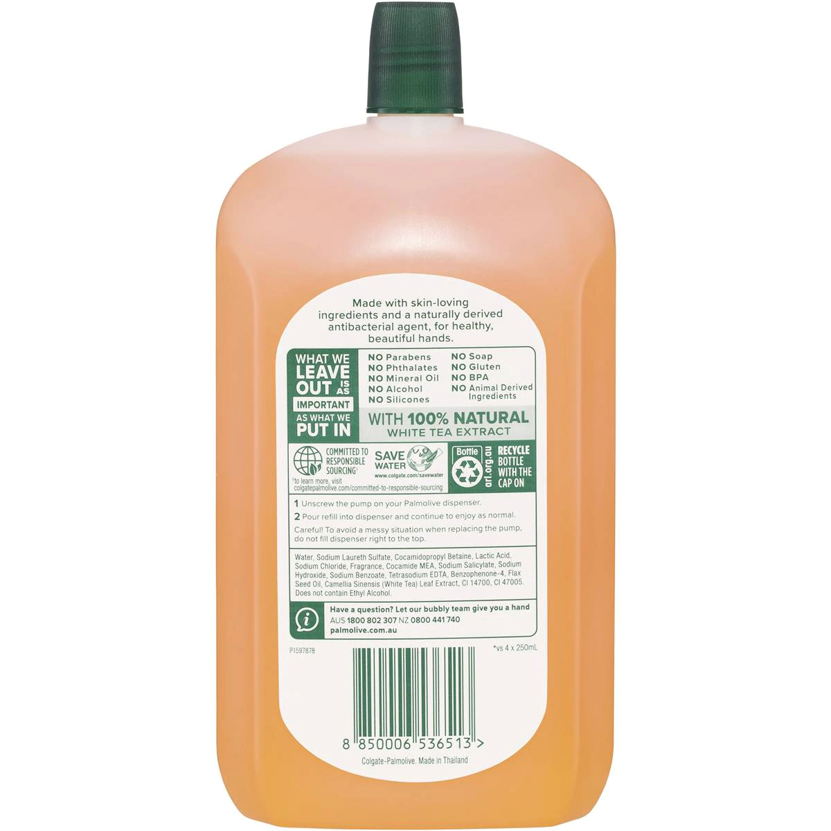 Palmolive Antibacterial Liquid Hand Wash Soap White Tea Refill 1l